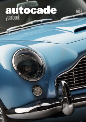 Cover of Autocade Yearbook 2024 with a blue Aston Martin DB5.