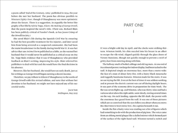 An early spread in Nineteen Eighty-Four with the publisher's foreword on p. 2 on the left and the first chapter on the right on p. 3.